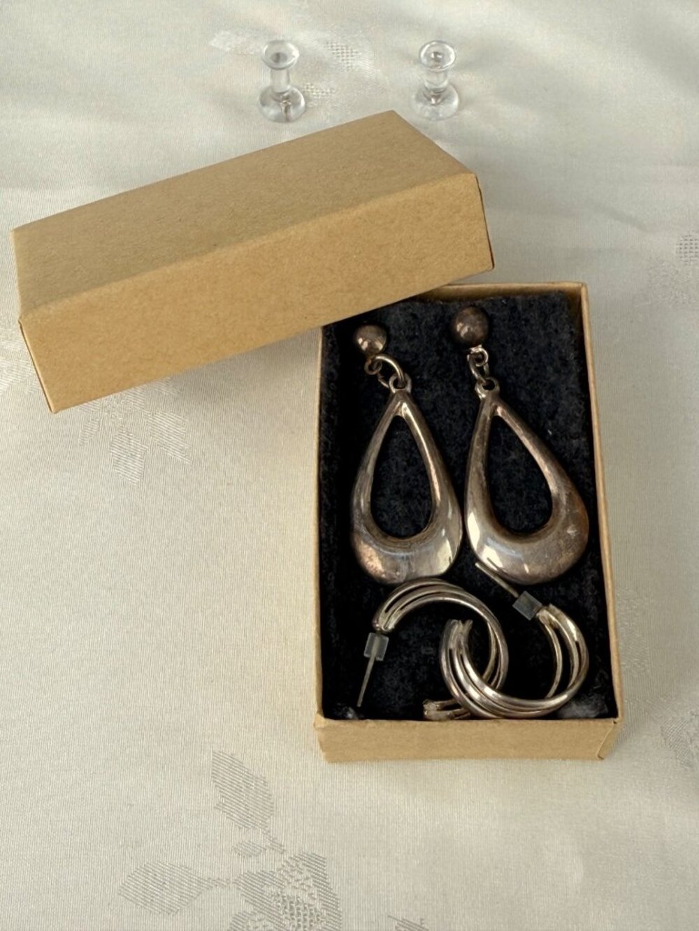 Vintage Silver-Tone Hoop & Teardrop Earrings Set With Box